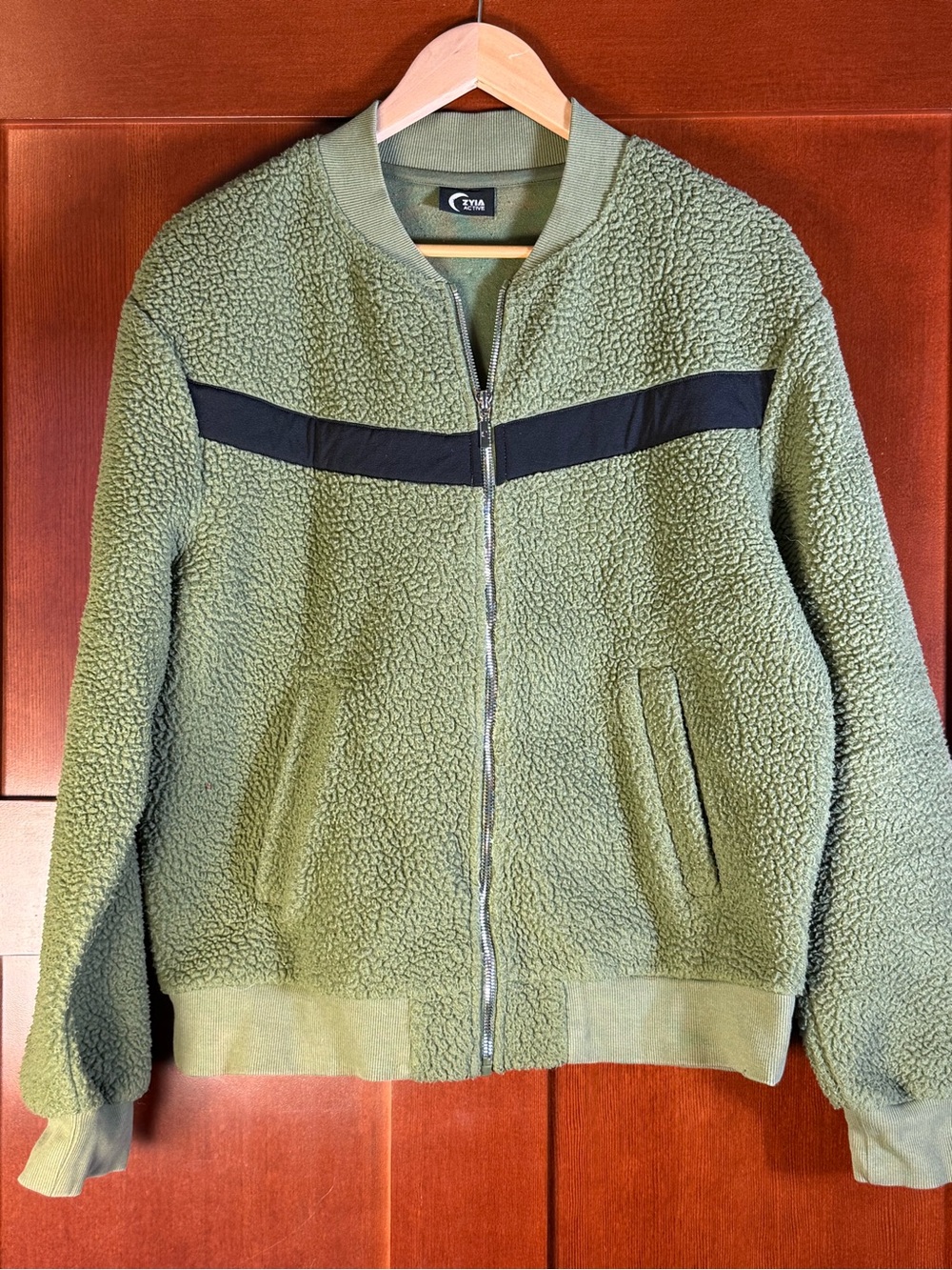 Zyia Active Sherpa Bomber Jacket Women’s L Olive Green Full Zip Fleece